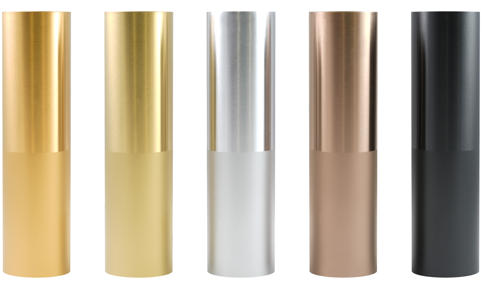 Five cylindrical PVD finish samples in different colours.